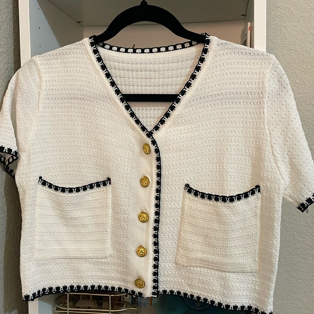 White & Black Short Sleeved Cropped Button Down